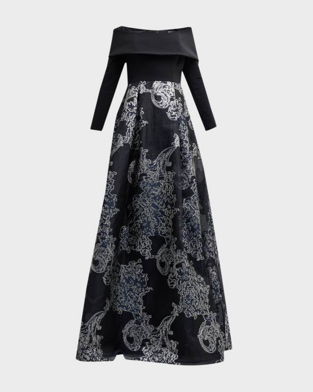 Pleated Off-Shoulder Metallic Jacquard Gown